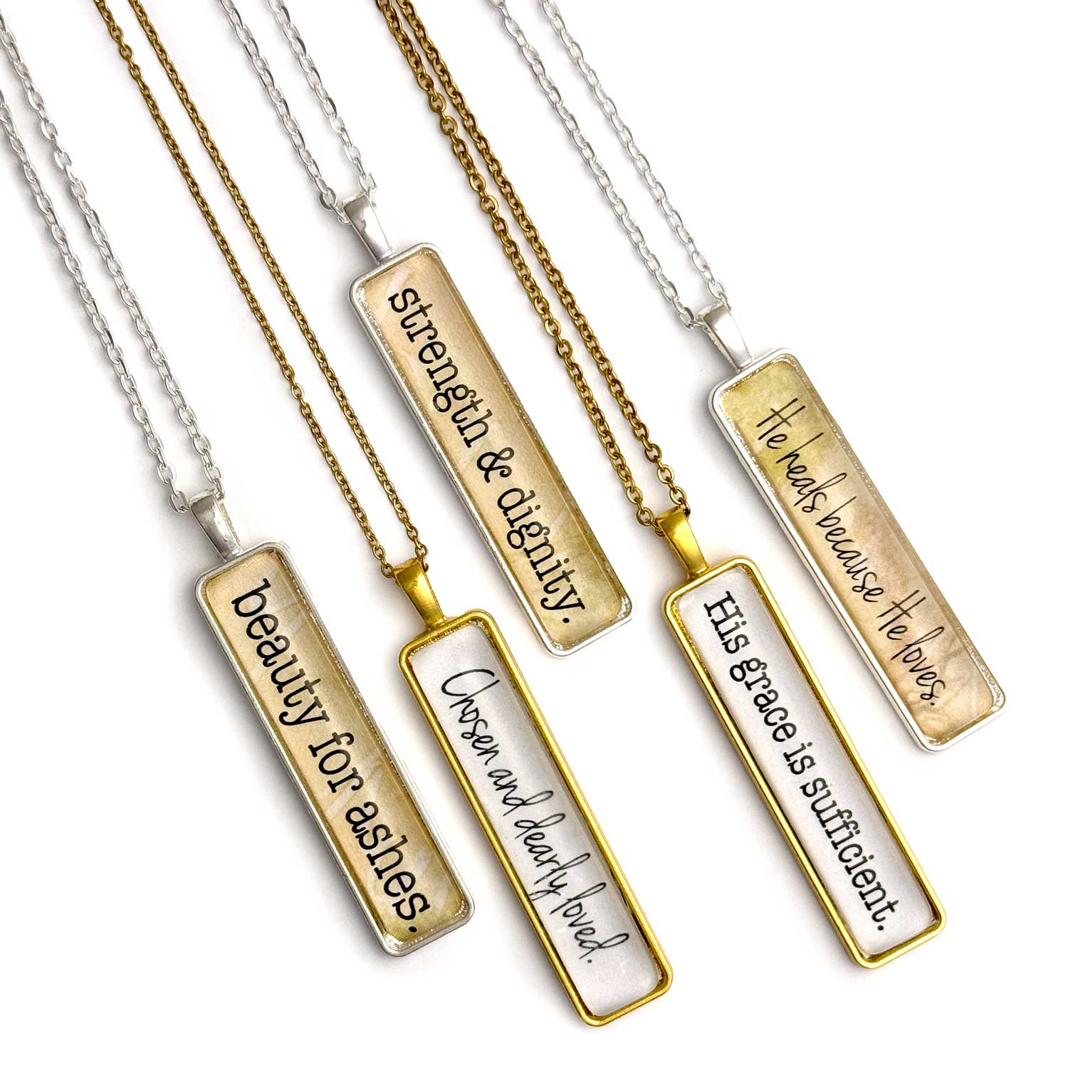 Beauty for Ashes, He Heals Because He Loves – Rectangle Scripture Pendant Necklaces, Gold, Silver