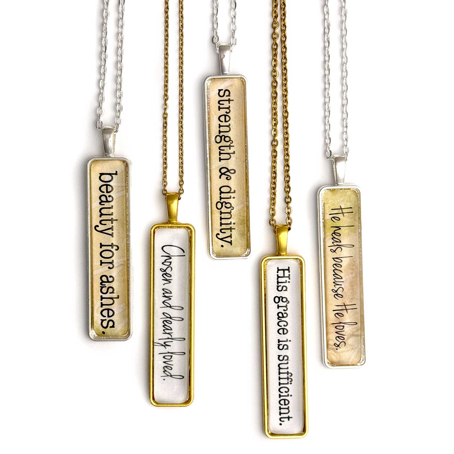 Beauty for Ashes, He Heals Because He Loves – Rectangle Scripture Pendant Necklaces, Gold, Silver