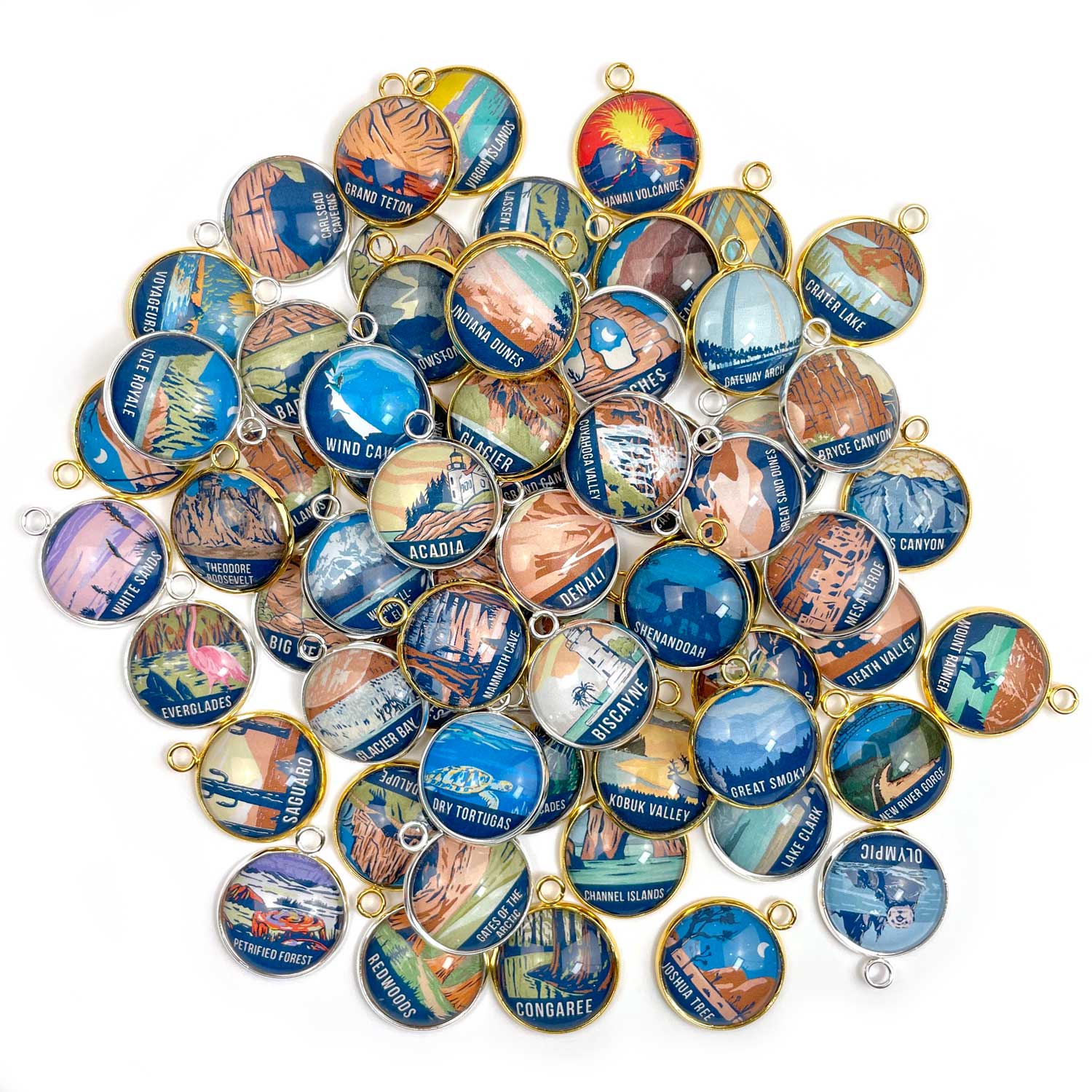 U.S. National Parks Colorful Glass Charms for Jewelry Making – Glacier, Yosemite, Acadia, Zion, Yellowstone – 20mm, Silver, Gold – 63 Bulk Designer Jewelry Charms