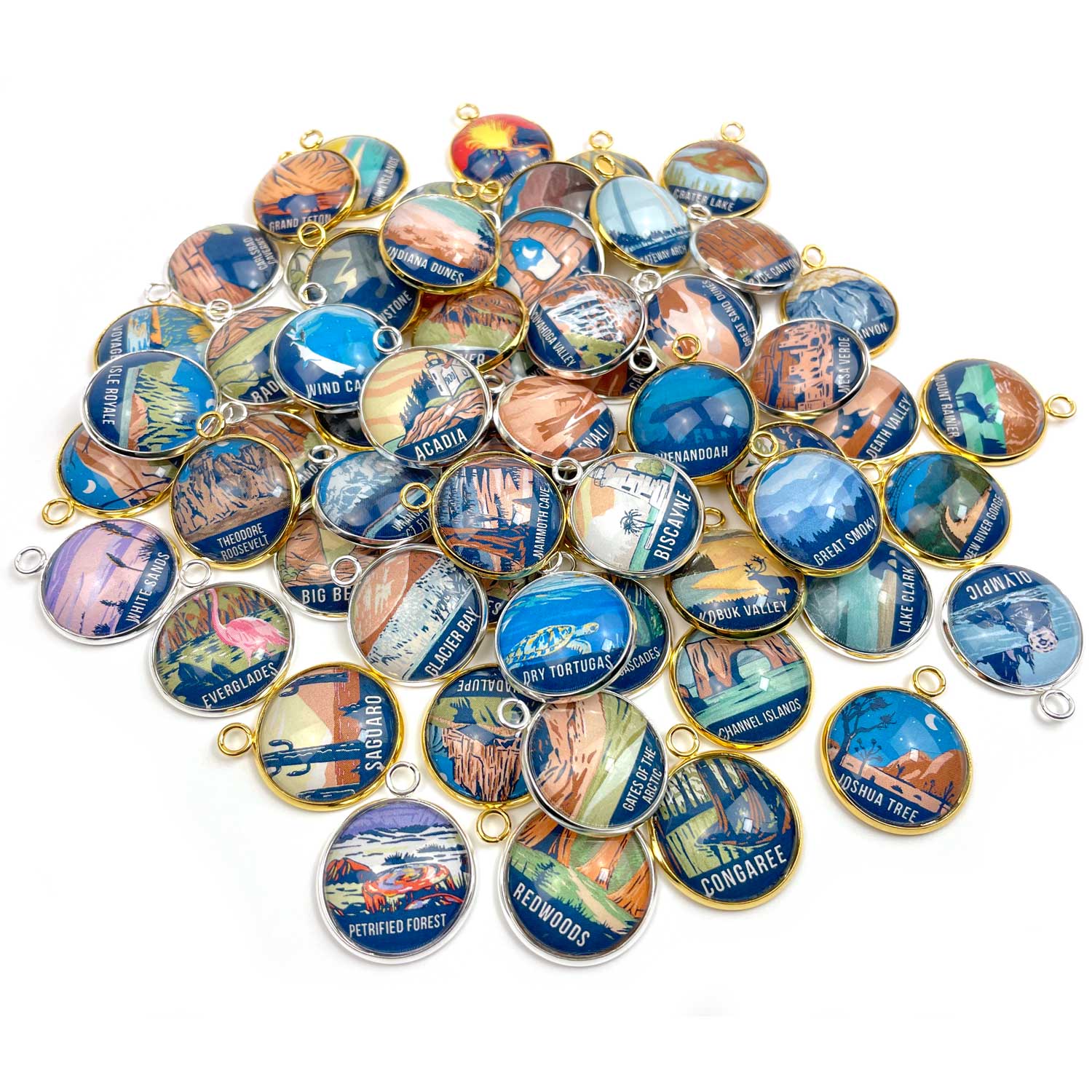 U.S. National Parks Charms for Jewelry Making – Glacier, Yosemite, Acadia, Zion, Yellowstone – 63 Colorful Glass Bulk Designer Charms