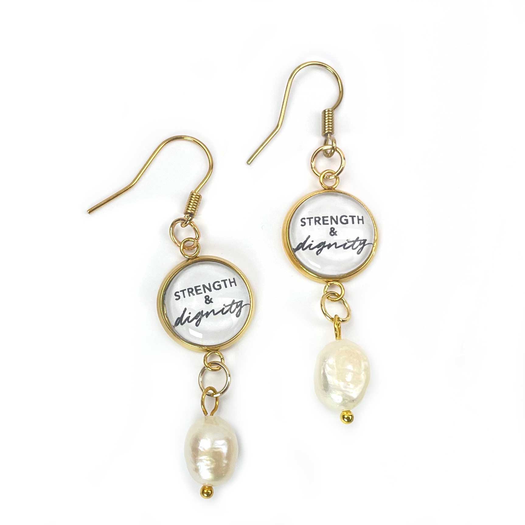 Chandelier earrings with a "Strength & Dignity" charm and natural cultured freshwater pearl