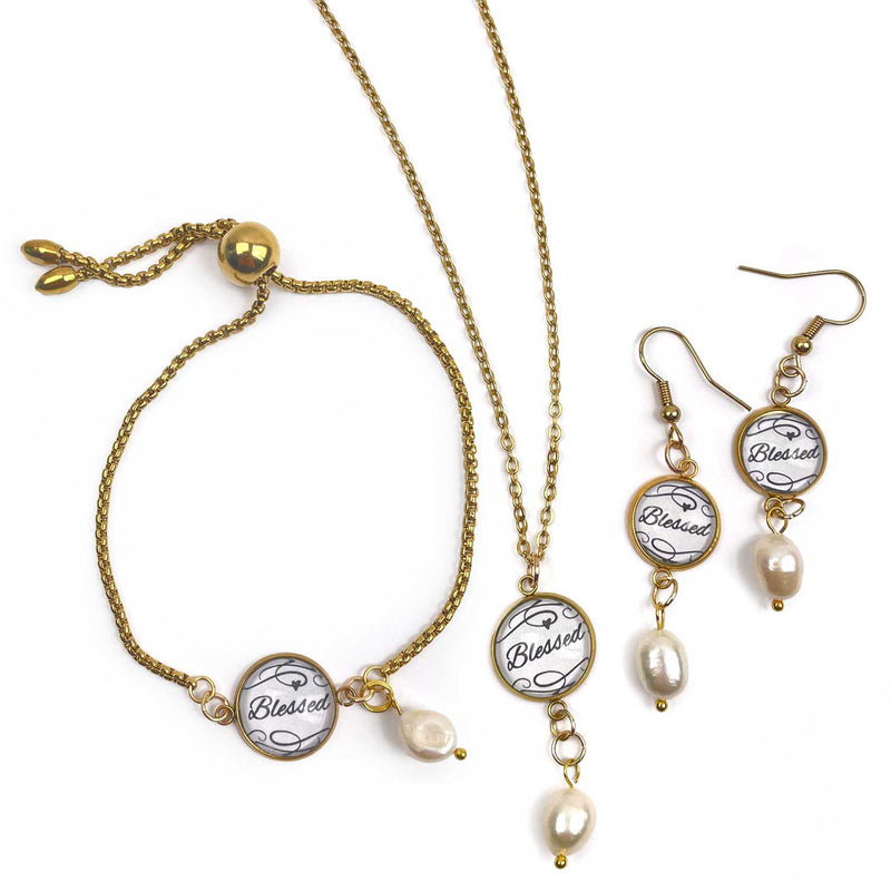 "Blessed Beyond Measure" Pearl Jewelry Set – Pearl and Golden Slider Bracelets, Necklace, Earrings Set