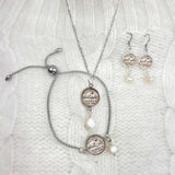 "Delight Yourself in the Lord" Pearl Jewelry Set – Stainless Steel Slider Bracelet, Necklace, Earrings Set