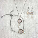 "Delight Yourself in the Lord" Pearl Jewelry Set – Stainless Steel Slider Bracelet, Necklace, Earrings Set