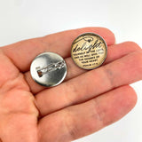 Glass Pinback Buttons, Lapel Pins front and pin back in hand