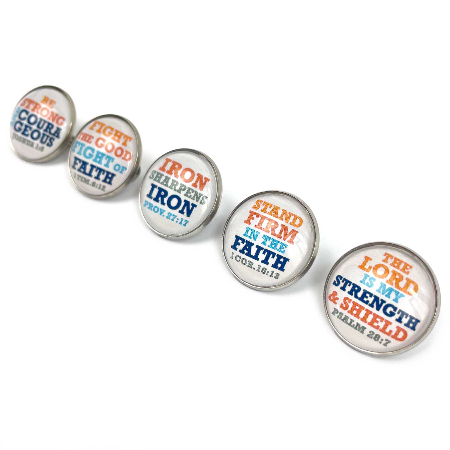 "Iron Sharpens Iron" Set of Glass Pinback Buttons, Lapel Pins