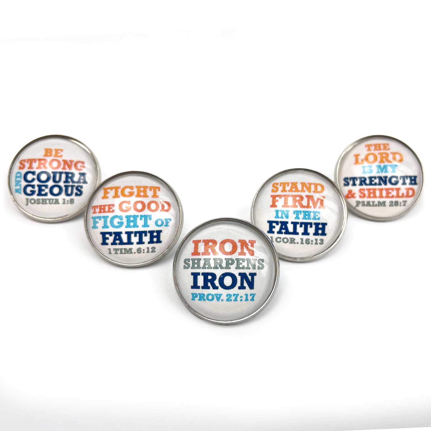 "Iron Sharpens Iron" Set of Glass Pinback Buttons, Lapel Pins