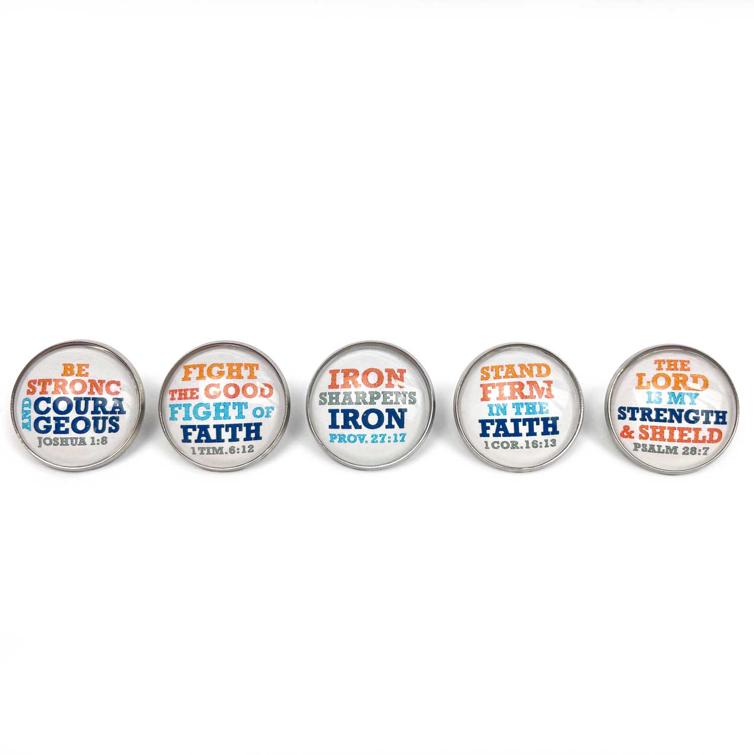 "Iron Sharpens Iron" Set of Glass Pinback Buttons, Lapel Pins