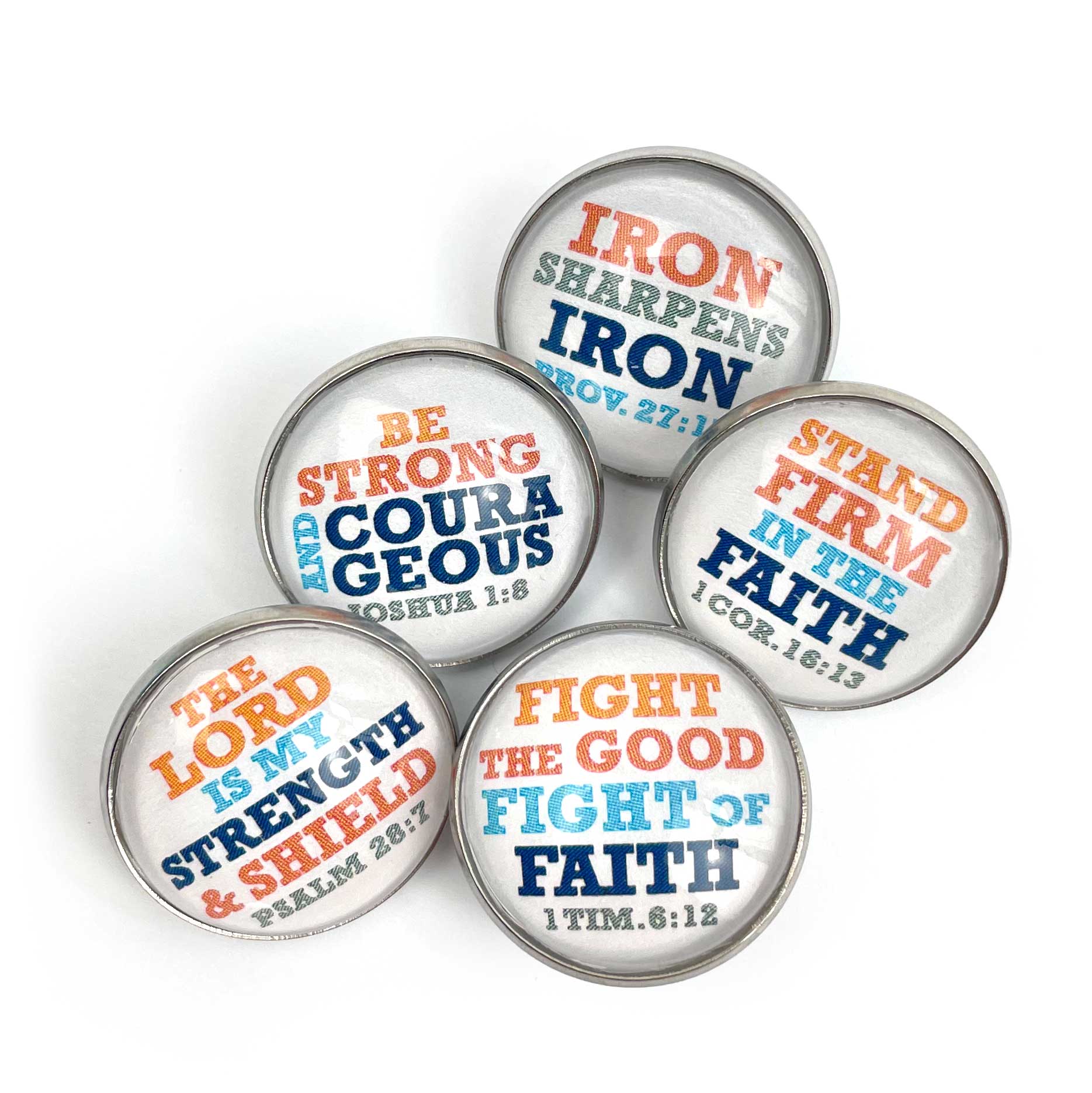 "Iron Sharpens Iron" Set of Glass Pinback Buttons, Lapel Pins