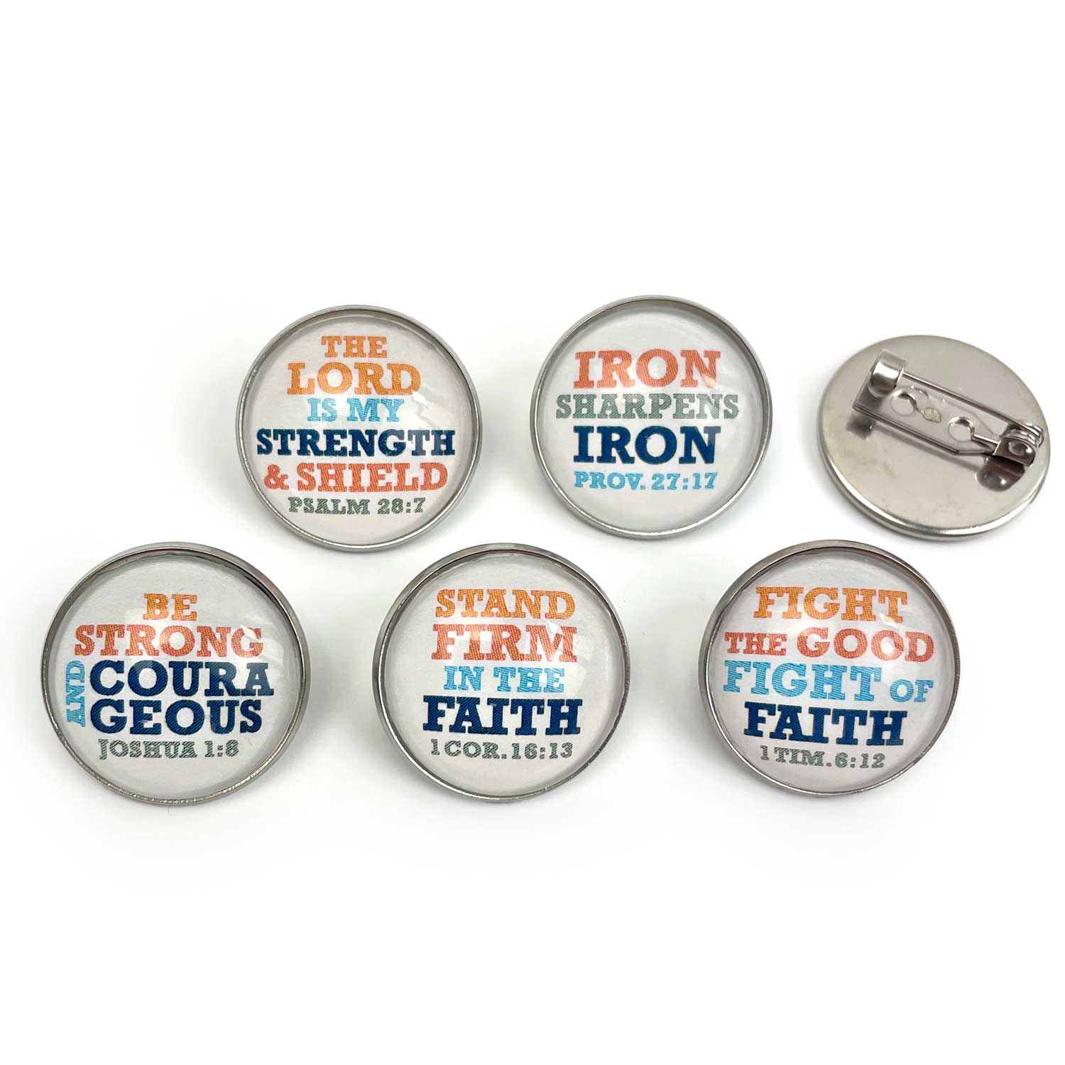 "Iron Sharpens Iron" Set of Glass Pinback Buttons, Lapel Pins