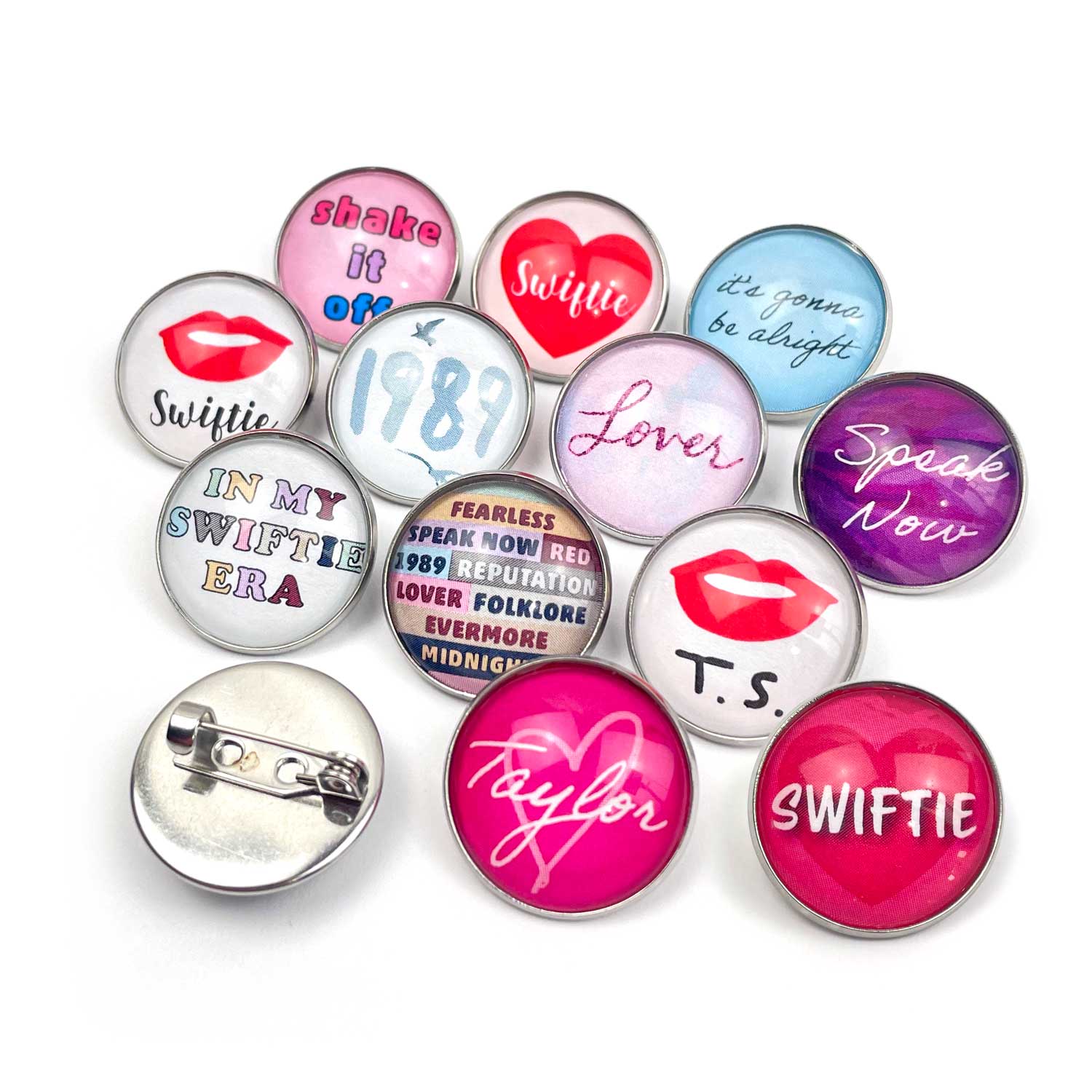 Taylor Swift Glass Pinback Buttons, Lapel Pins – My Swiftie Era, Eras Tour albums: Fearless, Speak Now, Red, 1989, Reputation, Lover, Folklore, Evermore, Midnights