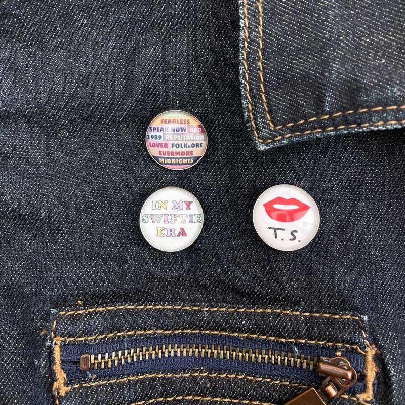 Taylor Swift Glass Pinback Buttons, Lapel Pins – My Swiftie Era, Eras Tour albums: Fearless, Speak Now, Red, 1989, Reputation, Lover, Folklore, Evermore, Midnights
