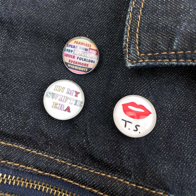 Taylor Swift Glass Pinback Buttons, Lapel Pins – My Swiftie Era, Eras Tour albums: Fearless, Speak Now, Red, 1989, Reputation, Lover, Folklore, Evermore, Midnights