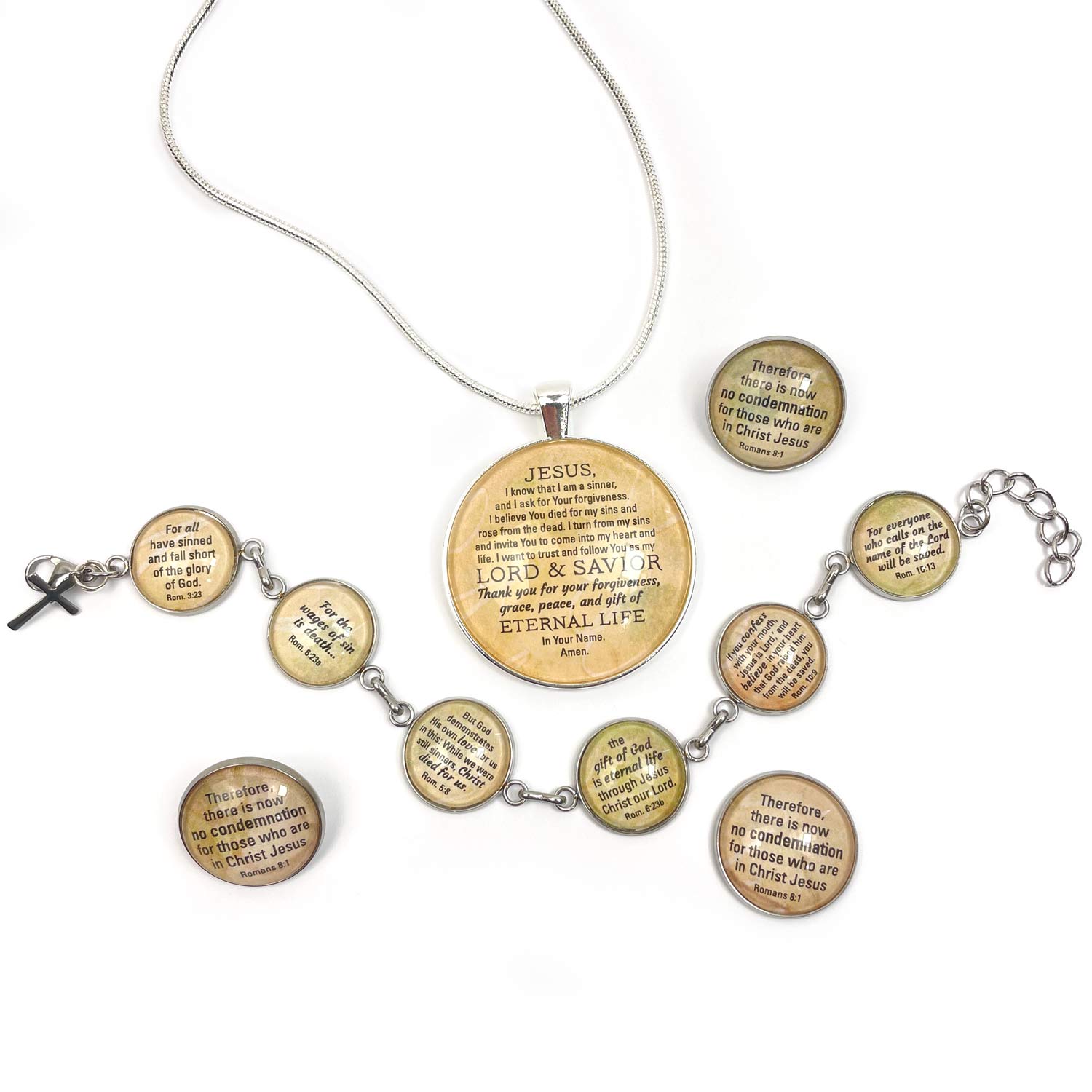 Romans Road to Salvation Scripture Jewelry Set – Sinner's Prayer Necklace – Share the Gospel