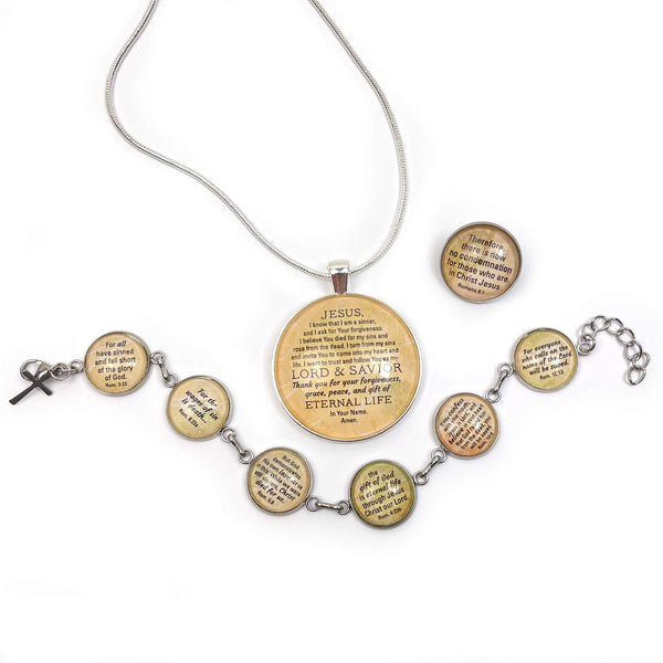 Romans Road to Salvation Scripture Jewelry Set – Sinner's Prayer Necklace – Share the Gospel