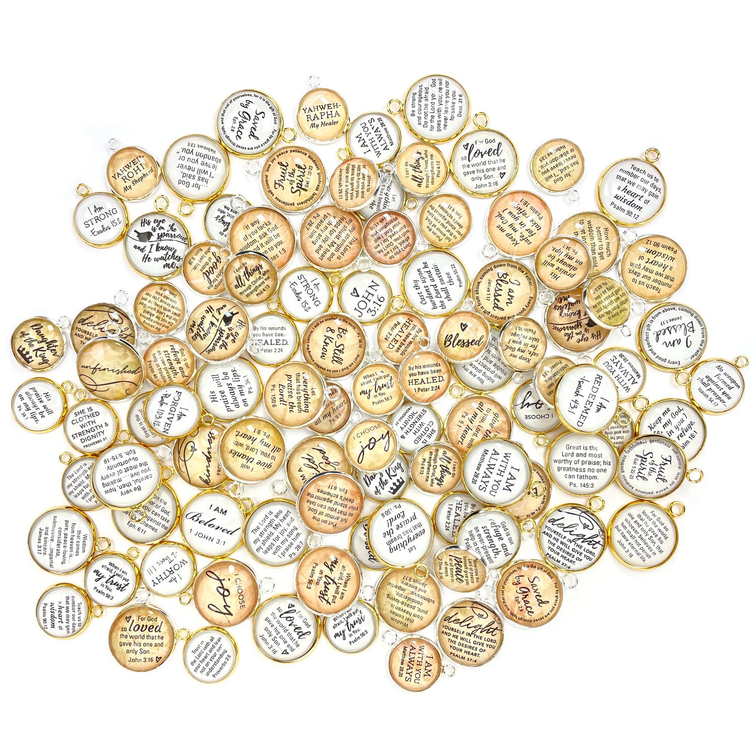 Bulk Assorted Christian and Scripture Charms for Jewelry Making – 16 & 20mm, Silver, Gold – Designer Bible Bracelet Charms