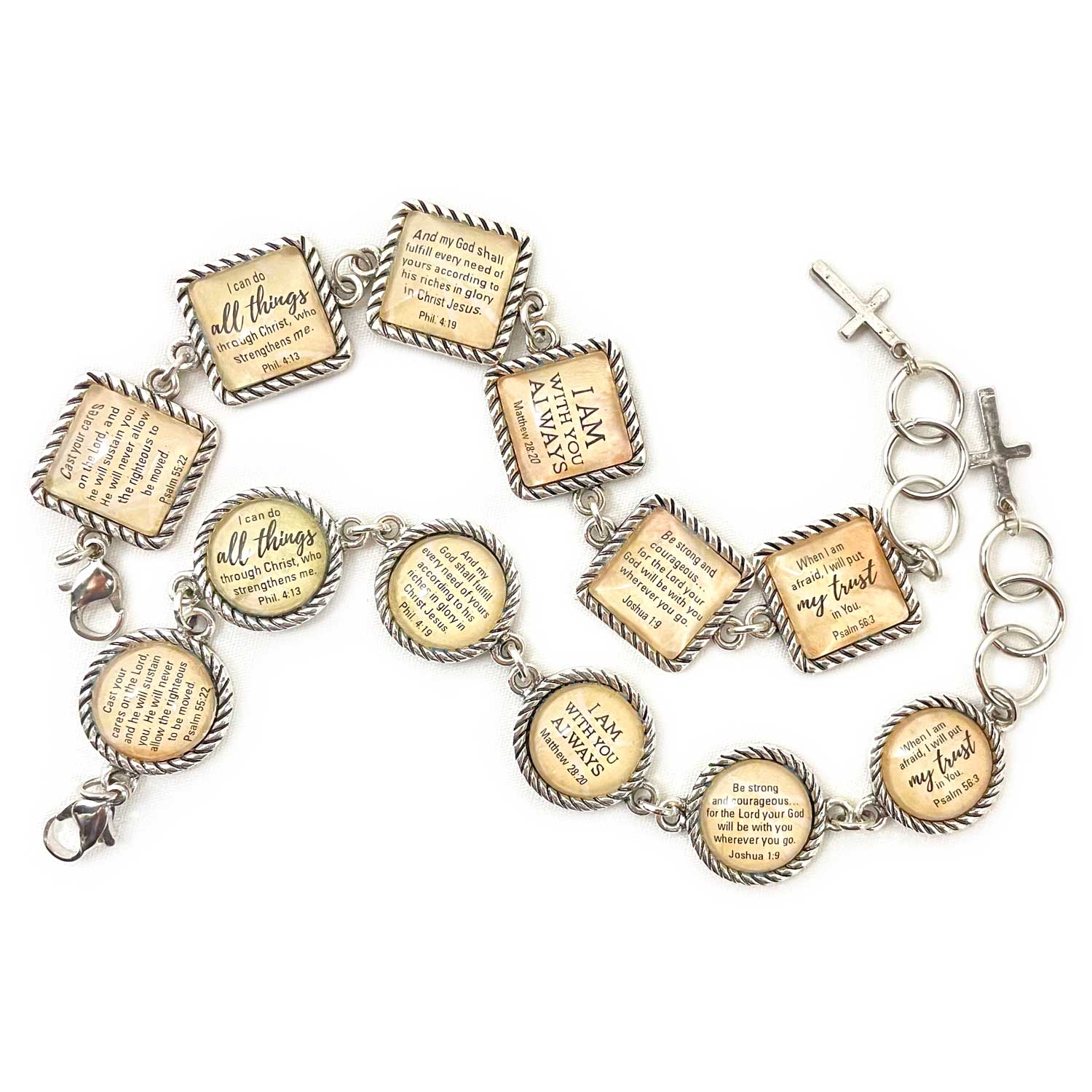 Encouragement Scriptures Bracelet – Square or Round Antique Silver Twist Edge Design – Bible Verse Charm Bracelet