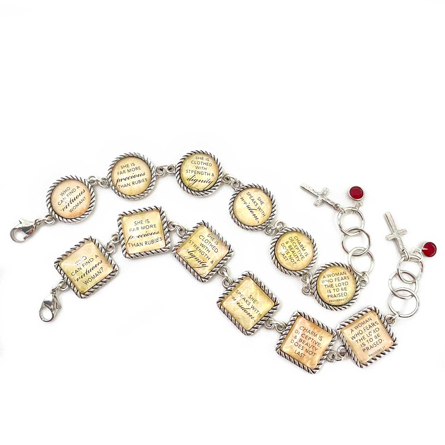 Proverbs 31 Scripture Bracelet – Square and Round Antique Silver Twist Edge Design – with Swarovski Ruby-Red Rhinestone