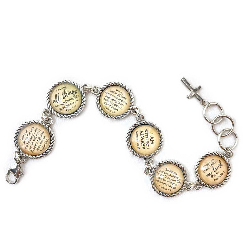 Encouragement Scriptures Bracelet – Round Antique Silver Twist Edge Design – Bible Verse Charm Bracelet