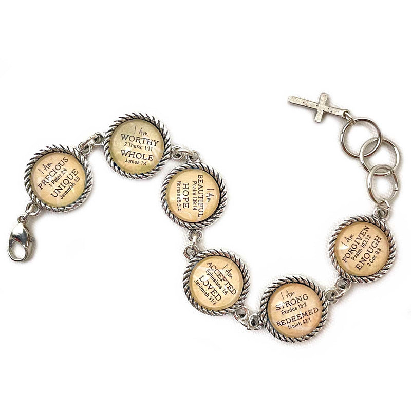I AM – Christian Affirmations Scripture Bracelet – Round Antique Silver Twist Edge Design – Bible Verse Charm Bracelet