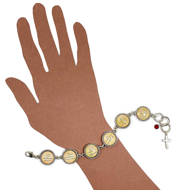 Proverbs 31 Scripture Bracelet –Round Antique Silver Twist Edge Design – with Swarovski Ruby-Red Rhinestone on wrist