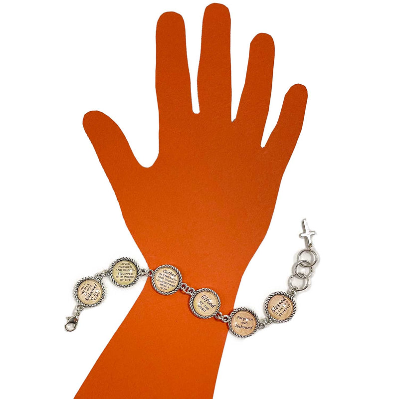 I Am a Woman of God, Forgiven & Unbound – Christian Affirmations Bracelet – Round Antique Silver Twist Edge Design