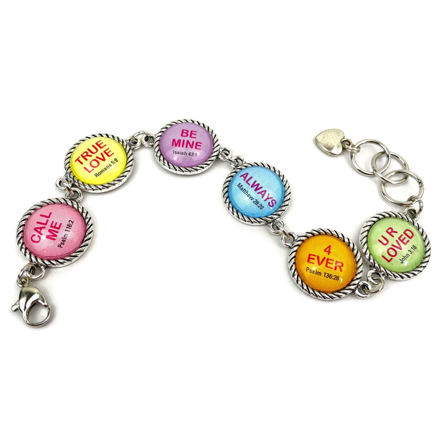 Christian Conversation Hearts Valentine's Scripture Charm Bracelet – Round Antique Silver Twist Edge Design