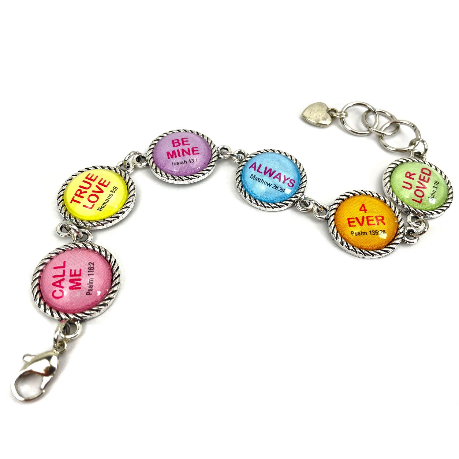 Christian Conversation Hearts Valentine's Scripture Charm Bracelet – Round Antique Silver Twist Edge Design