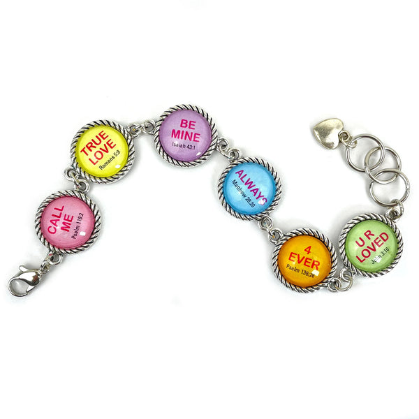 Christian Conversation Hearts Valentine's Scripture Charm Bracelet – Round Antique Silver Twist Edge Design