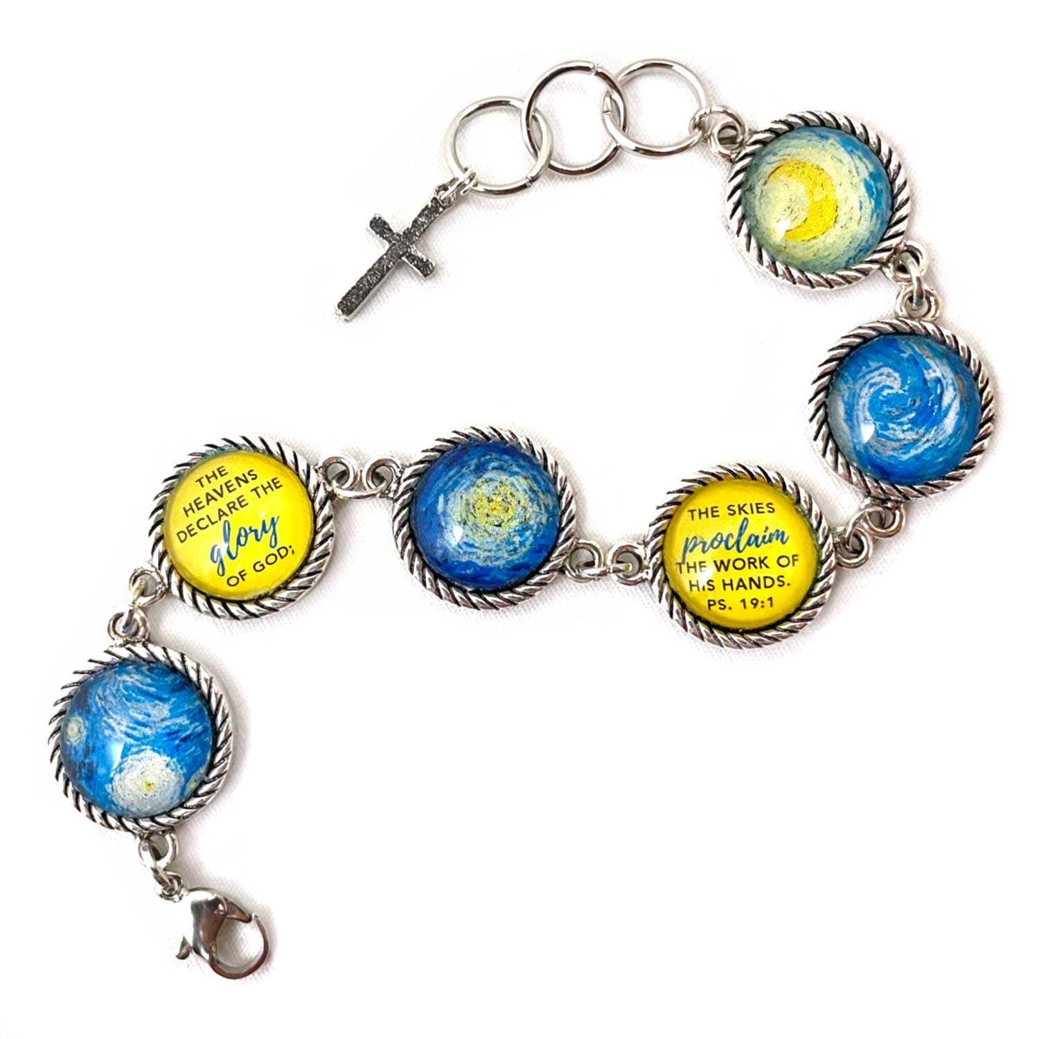 Van Gogh Starry Night Psalm 19 Scripture Bracelet – Square or Round Antique Silver Twist Edge Design