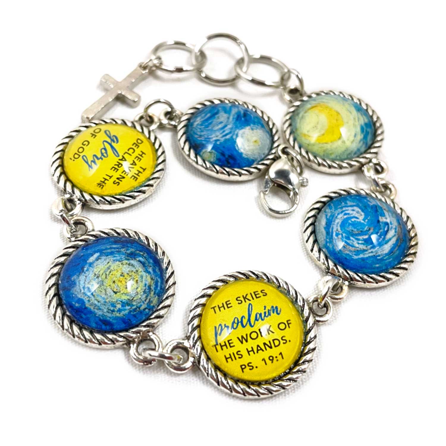 Van Gogh Starry Night Psalm 19 Scripture Bracelet – Square or Round Antique Silver Twist Edge Design