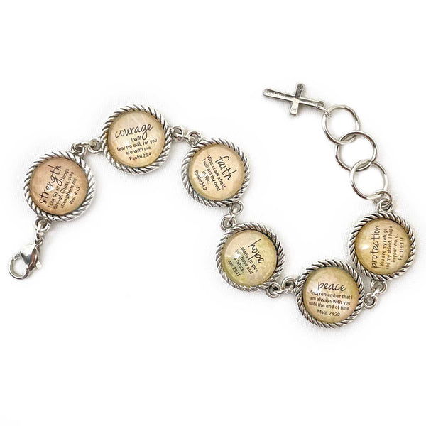 Words of Hope – Strength, Courage, Faith, Peace – Christian Scripture Glass Charm Bracelet – Round Antique Silver Twist Edge Design