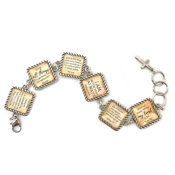 Encouragement Scriptures Bracelet – Square Antique Silver Twist Edge Design – Bible Verse Charm Bracelet