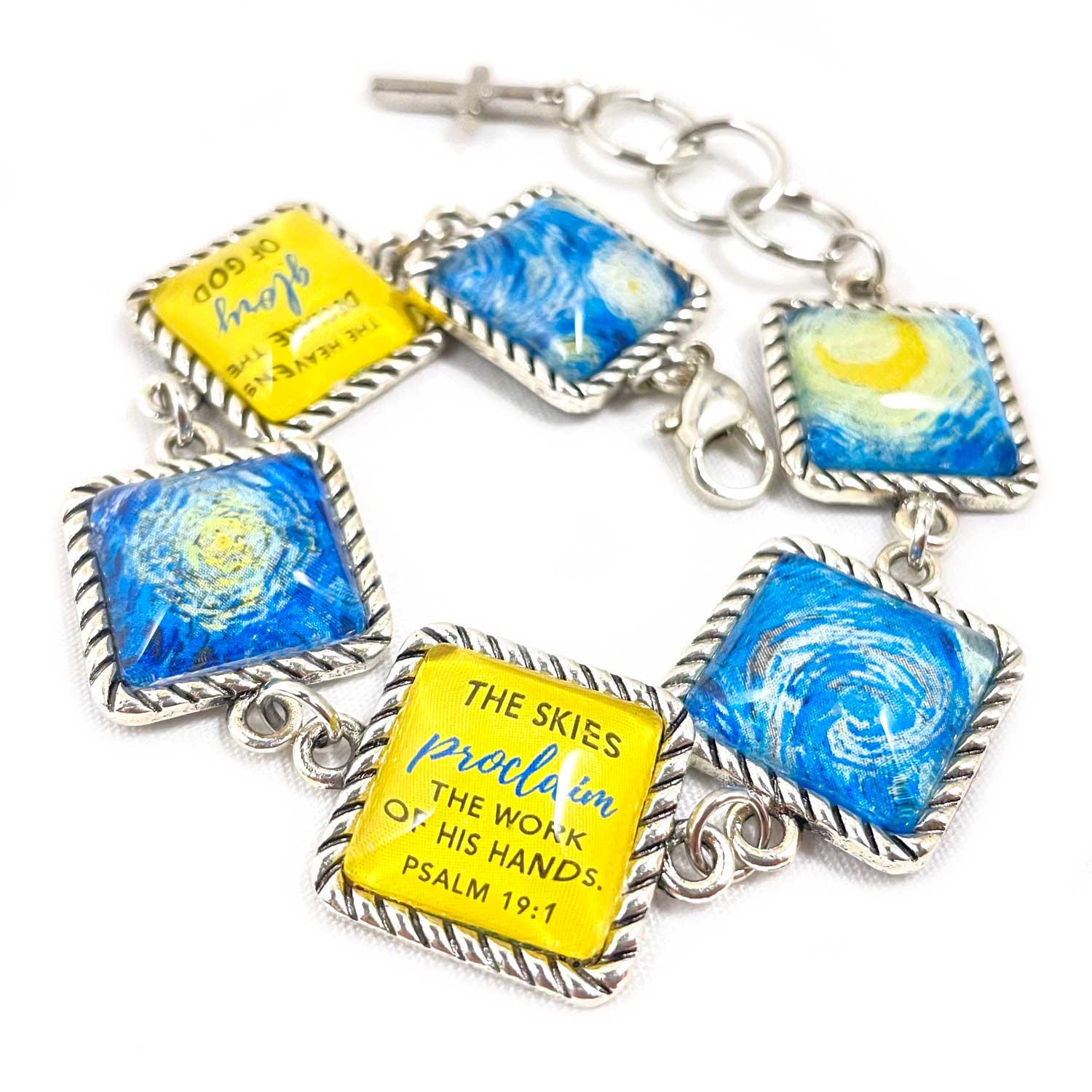 Van Gogh Starry Night Psalm 19 Scripture Bracelet – Square or Round Antique Silver Twist Edge Design