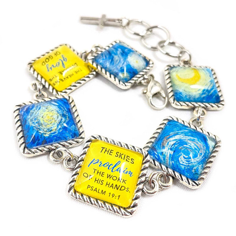 Van Gogh Starry Night Psalm 19 Scripture Bracelet – Square or Round Antique Silver Twist Edge Design