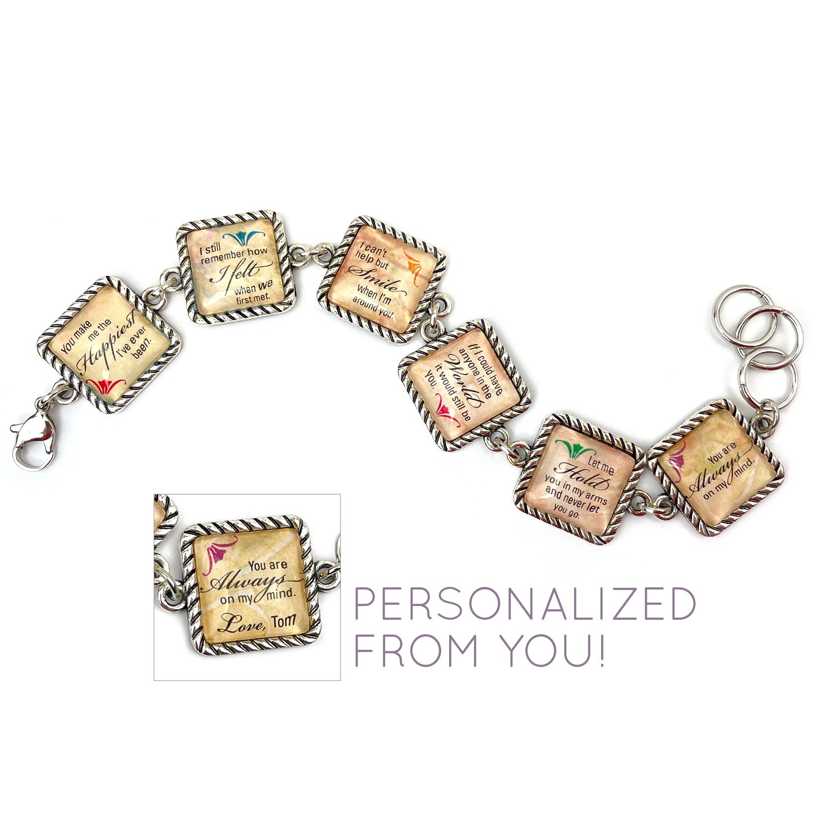 To the Woman I Love – Personalized Charm Bracelet, Square Antique Silver Twist Edge Design