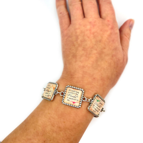 To the Woman I Love – Charm Bracelet, Square Antique Silver Twist Edge Design on wrist