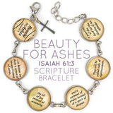 "Beauty for Ashes" Isaiah 61:3 Scripture Bracelet – Glass Charm Stainless Steel Bible Verse Bracelet