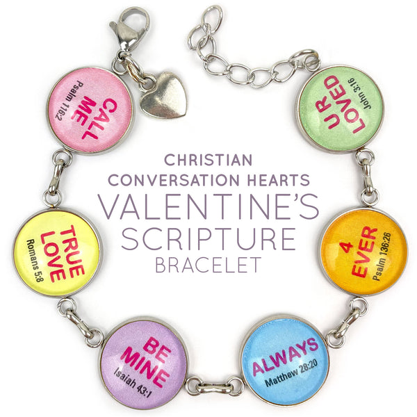 Christian Conversation Hearts Valentine's Scripture Bracelet – Glass Charm Stainless Steel Bible Verse Bracelet