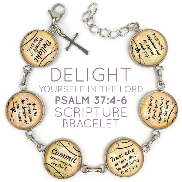 Delight Yourself in the Lord Scripture Bracelet - Psalm 37:4-6 Glass Charm Stainless Steel Bible Verse Bracelet