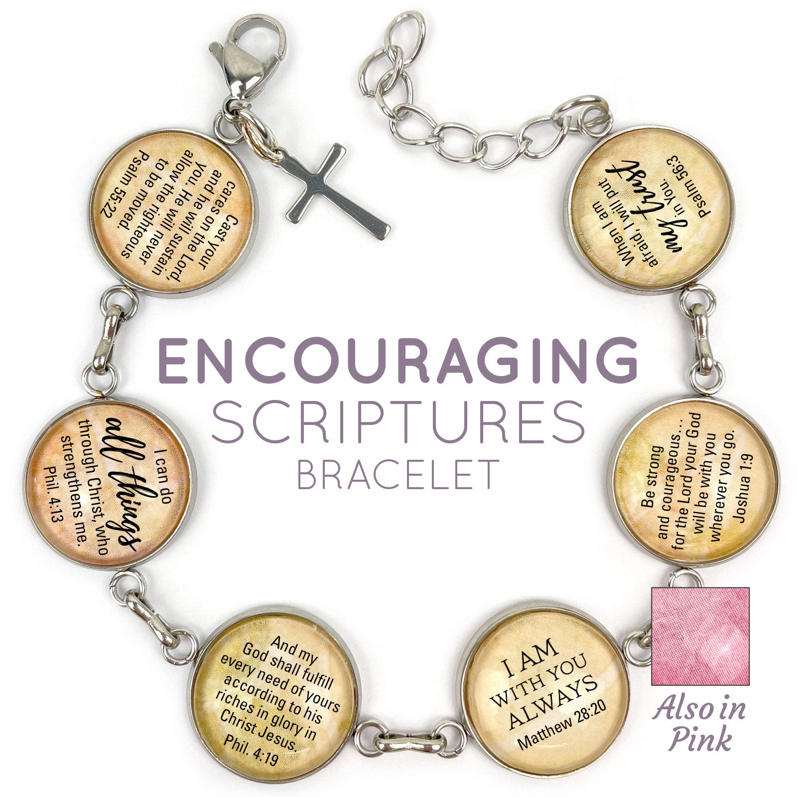 Hope & Encouragement Scripture Bracelet – Glass Charm Stainless Steel Christian Bible Verse Bracelet, 7.5"-8.75"