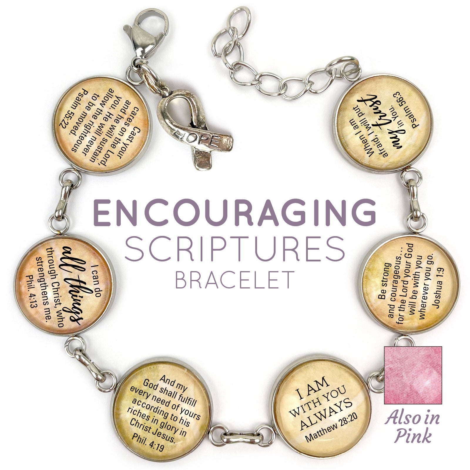 Hope & Encouragement Scripture Bracelet – Glass Charm Stainless Steel Christian Bible Verse Bracelet, 7.5"-8.75"