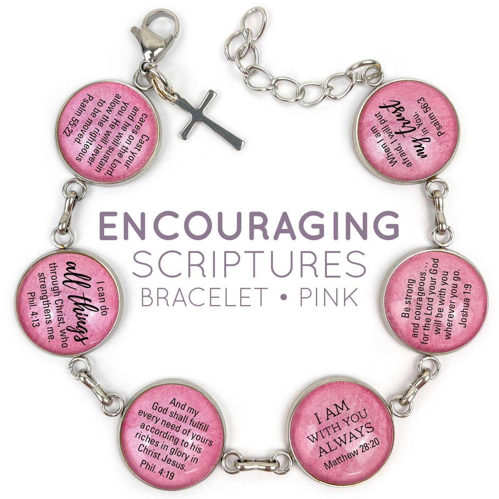 Hope & Encouragement Scripture Bracelet – Glass Charm Stainless Steel Christian Bible Verse Bracelet, 7.5"-8.75"