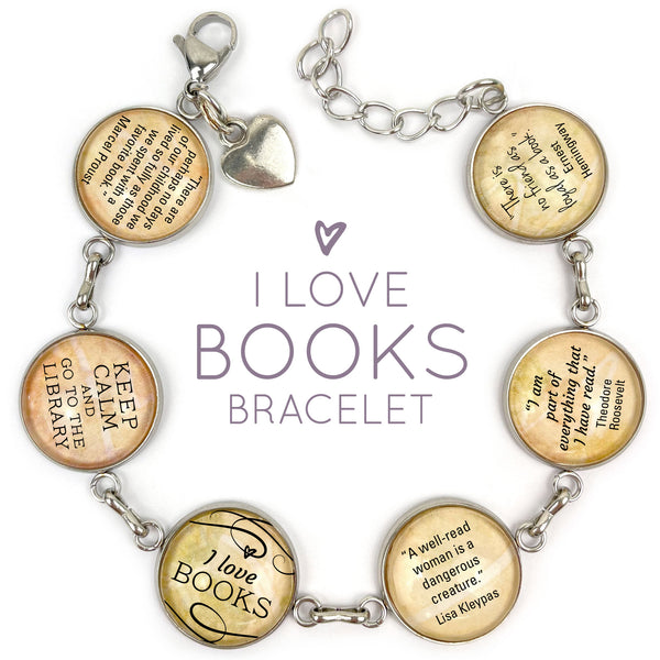 I Love Books - Glass Charm Stainless Steel Bracelet with Dangling Heart Charm