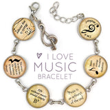 I Love Music - Glass Charm Stainless Steel Bracelet with Dangling Treble Clef Charm