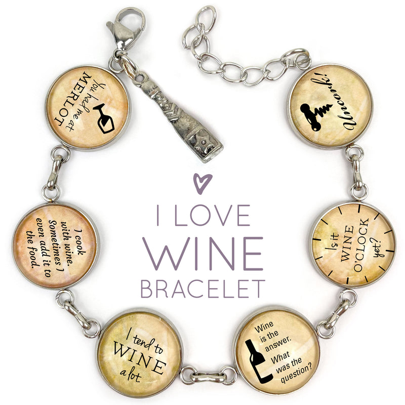 I Love of Wine - Glass Charm Stainless Steel Bracelet with Wine Bottle Charm