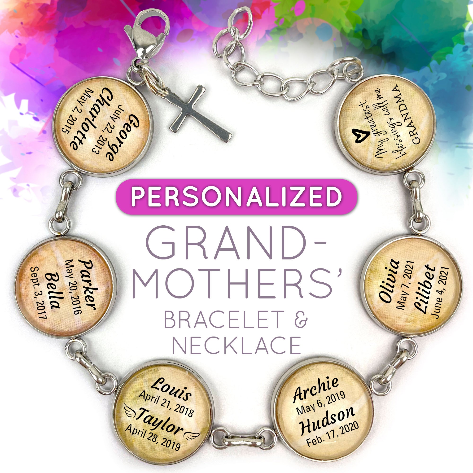 Personalized Grandmothers' Scripture Bracelet & Silver-Plated Christian Pendant Necklace Set – Personalized with Grandchildren's Names and Birth Dates!