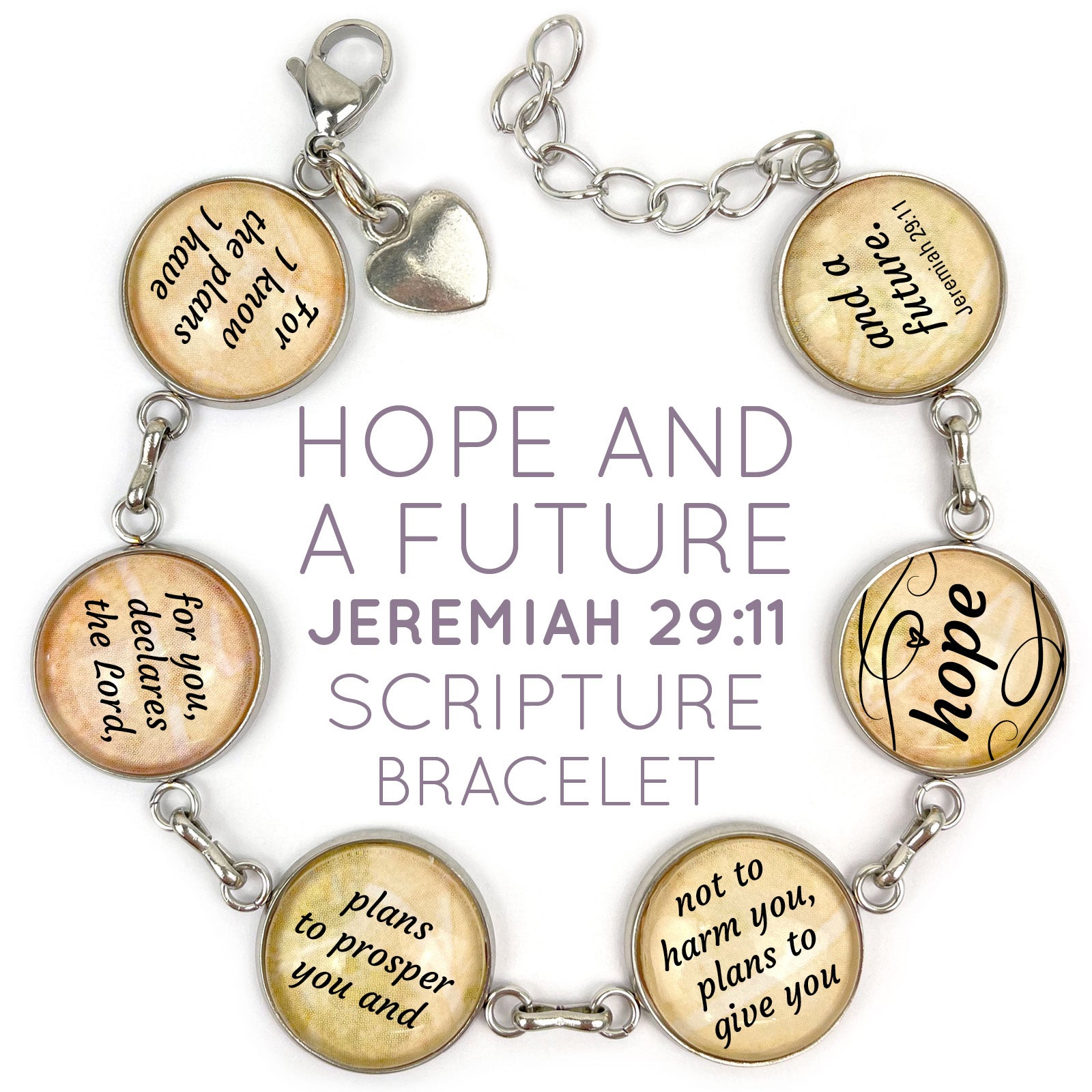 Jeremiah 29:11 "Hope and a Future" Scripture Bracelet – Glass Charm Stainless Steel Bible Verse Bracelet, 7.5"-8.75"