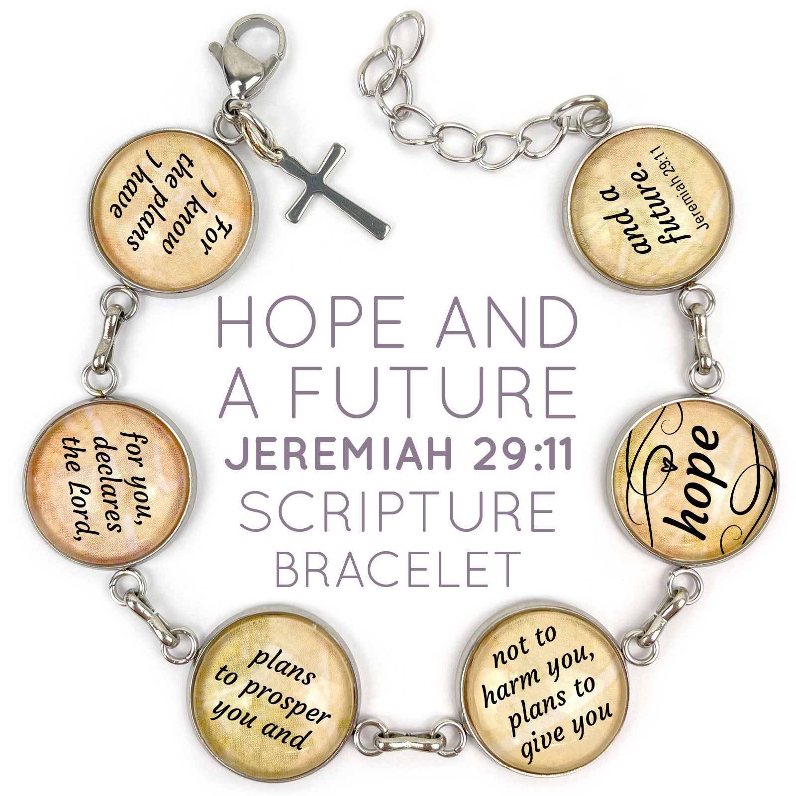 Jeremiah 29:11 "Hope and a Future" Scripture Bracelet – Glass Charm Stainless Steel Bible Verse Bracelet, 7.5"-8.75"