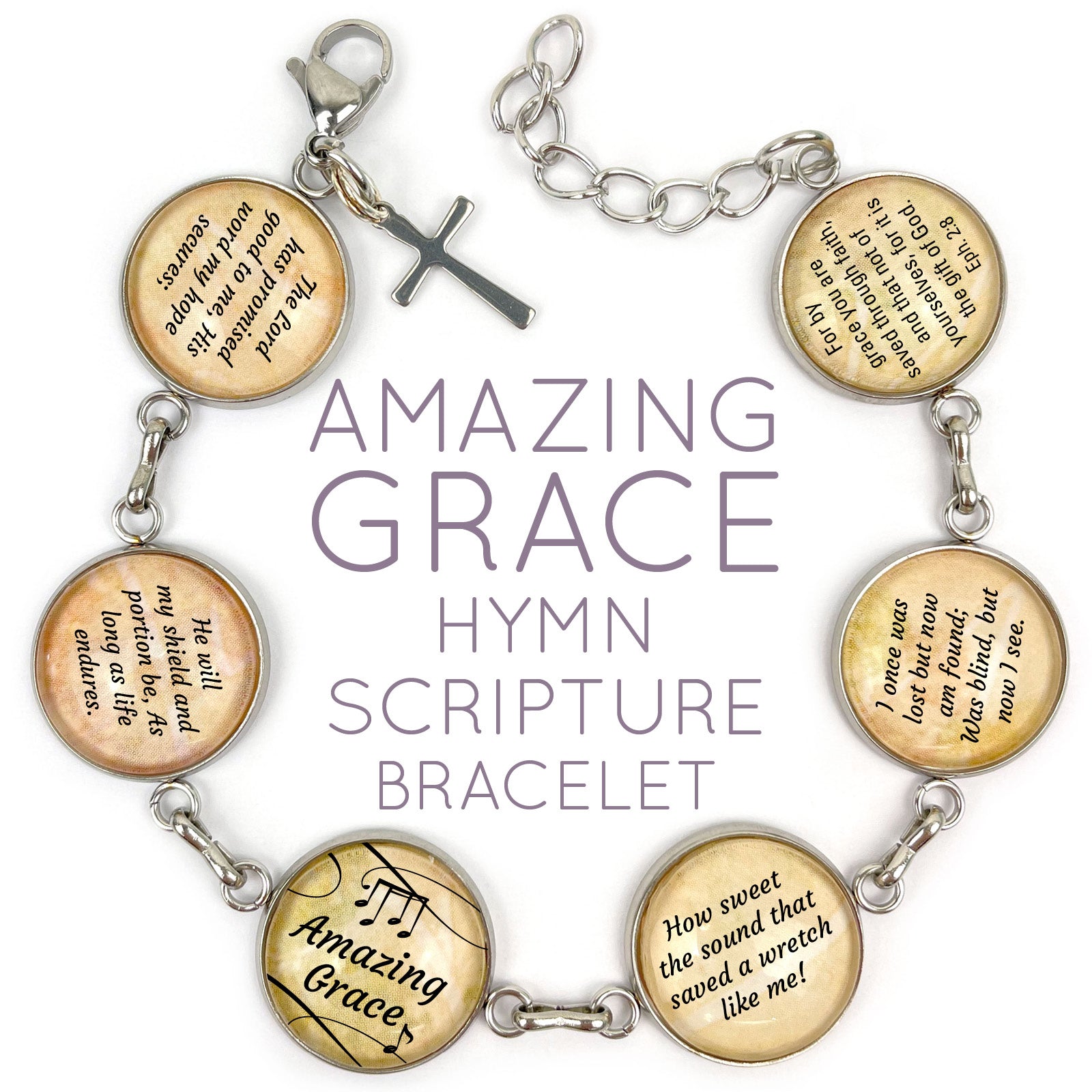 Amazing Grace Hymn & Scripture Glass Charm Bracelet – Stainless Steel Bible Verse Bracelet